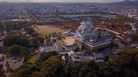Aerial view of Himeji Castle, Japan Stock Footage