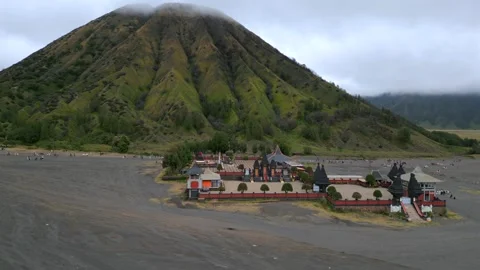 Aerial view of Hindu temple at Mount Bromo volcano in East Java Indonesia Video stock 336560217
