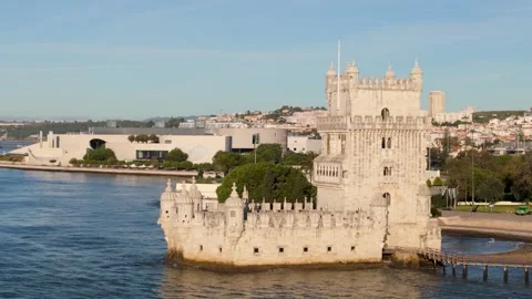 Aerial view of the historic Belem Tower on the Tagus River, Portugal. Stock Footage 337200525