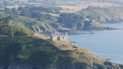 Aerial view of the historic Corps de garde de Dahouet, a stone guardhouse Stock Footage 346691694