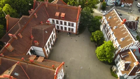 Aerial view of historic elementary school in Parnu, Estonia Stock Footage 343935438