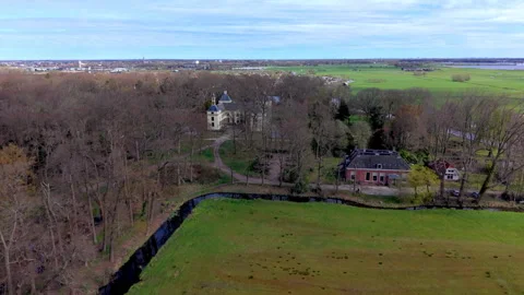 Aerial view of historic manor surrounded by trees with nearby brick house, .. Stock Footage 336926089