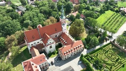Aerial View of Historic Monastery Complex with Gardens and Tower Surrounded-s9 Video stock 328664096