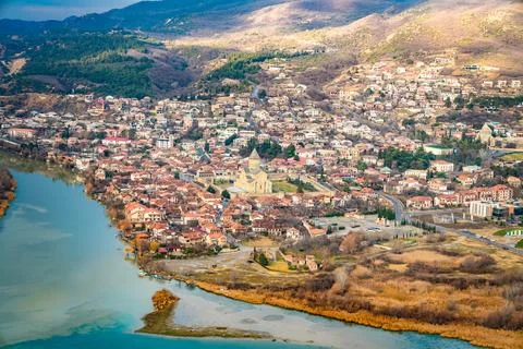 Aerial View of Historic Mtskheta and Svetitskhoveli Cathedral, Georgia Fotos Stock