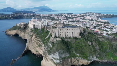 Aerial view of historic palace Procida, scenic landscape and heritage Italy Stock Footage 328520993