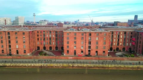 Aerial View of Historic Red Brick Waterfront Buildings in Liverpool 4K Stock Footage 345143298
