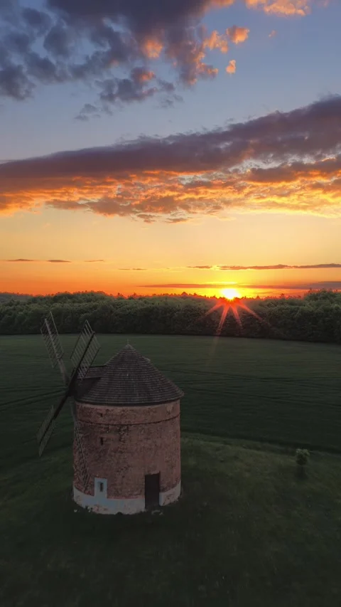 Aerial view of the historic stone windmill at sunset, Czechia. Stock Footage 334925688