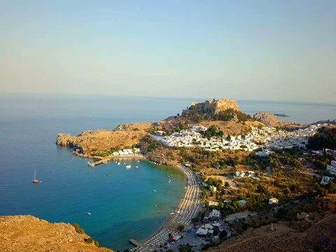 Aerial View of historic Village Lindos on Rhodes Greece Island Stock Footage
