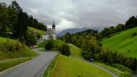 Aerial view of historic Wallfahrtskirche Maria Gern church under rain near .. Stock Footage 320740788
