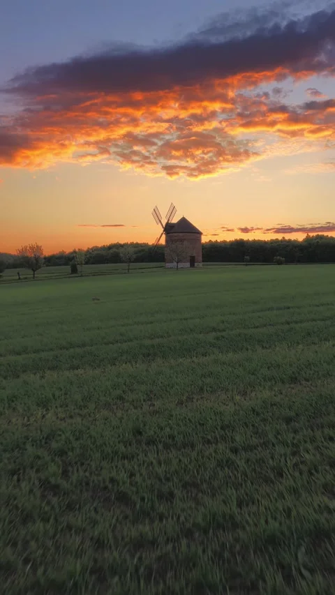 Aerial view of a historic windmill at sunset in Czechia. Stock Footage 334926853