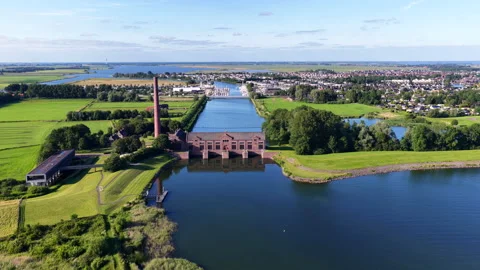 Aerial view of the historic Wouda Pumping Station near Lemmer in the Netherlands Stock Footage 337512945