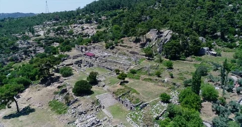 Aerial View Of Historical Places - Ancient Sanctuary In Caria Labranda Stock Footage