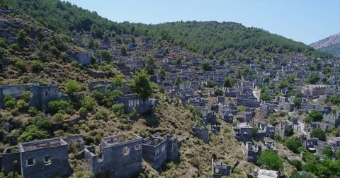 Aerial View Of Historical Places Empty House Ruins In Kayakoy Village At South O Stock Footage 77601317