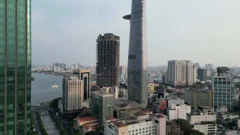 Aerial View of Ho Chi Minh City Skyline and Saigon River in Vietnam Stock Footage 335577832
