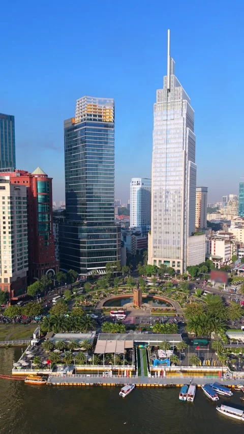 Aerial view of Ho Chi Minh City financial district with busy traffic in Vietnam Stock Footage 336653573