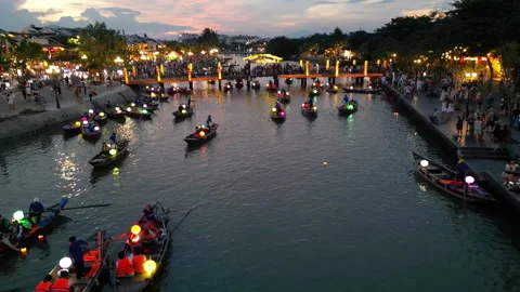 Aerial view of Hoi An old town or Hoian ancient town in sunset Stock-Footage 285583550