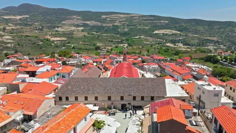 Aerial view of the Holy Cross Monastery area in Omodos, Cyprus. Stock Footage 341594059