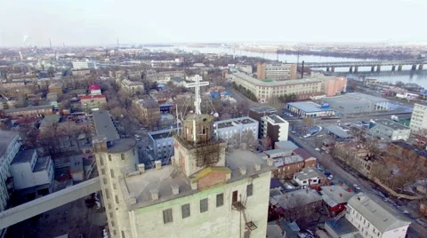 Aerial view of the Holy cross on the top of the building Stock Footage 59133643