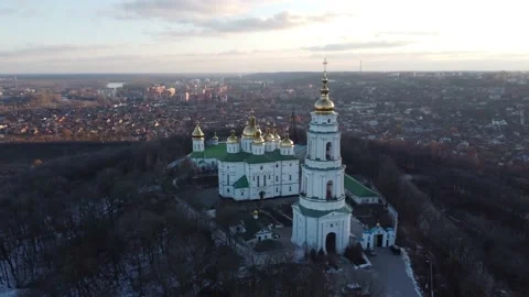 Aerial view on Holy Dormition cathedral in Poltava, Ukraine. Stock Footage 150716911