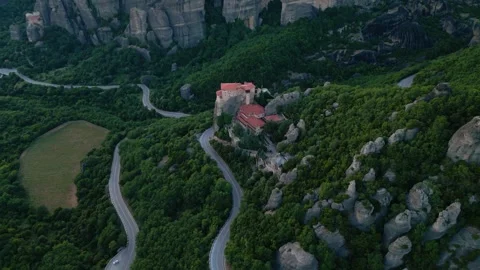 Aerial View Holy Monastery of Great Meteoron at Sunset. Wide Shot High Movi.. Stock Footage 334893330