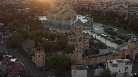 Aerial view of Holy Trinity Cathedral of Tbilisi Georgia sunset drone footage. Stock Footage 122620892