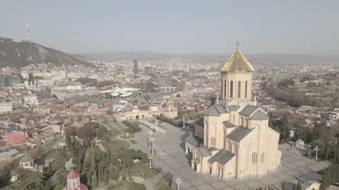 Aerial view of Holy Trinity Cathedral Sameba in Tbilisi Georgia. 2021 spring Stock-Footage 152203486