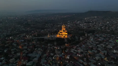 Aerial view of Holy Trinity Cathedral Sameba in Tbilisi Georgia Stock Footage 227781742