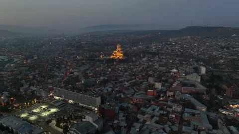 Aerial view of Holy Trinity Cathedral Sameba in Tbilisi Georgia Stock-Footage 227838217