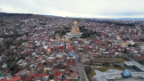 Aerial view of Holy Trinity Cathedral Tsminda Sameba in Avlabari district Stock Footage 234638548