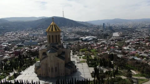 Aerial view of Holy Trinity Cathedral in Tbilisi, Georgia Stock Footage 314697769