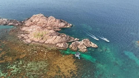 Aerial view of Hon Kho reef, boats, Quy Nhon, Binh Dinh, Vietnam Stock Footage 337890517