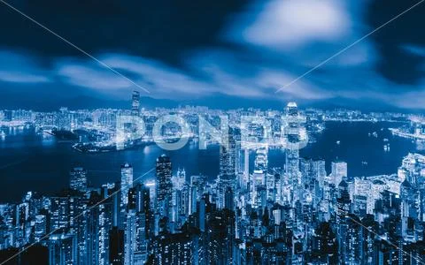 Aerial view of Hong Kong Downtown and Victoria Harbour. Financial district an Stock Photos