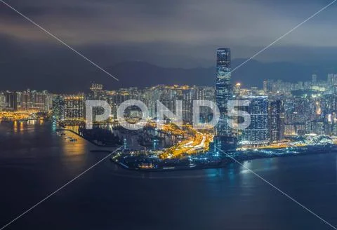 Aerial view of Hong Kong Downtown and Victoria Harbour. Financial district an Stock Photos