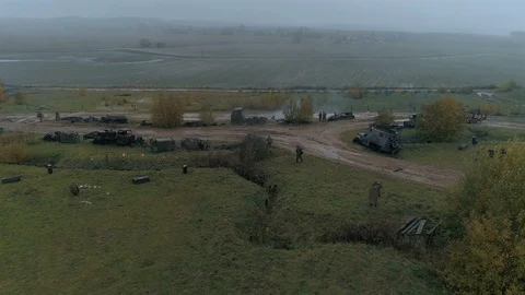 Aerial View. Hostilities. Explosions, shots, tanks, smoke Video stock 88007093