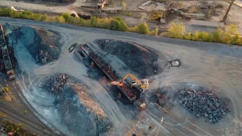 Aerial view of hot slag being processed at a steelworks Video stock 342641255