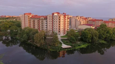 Aerial view to hotel complex on the Black Sea near a river 스톡 동영상 287912919