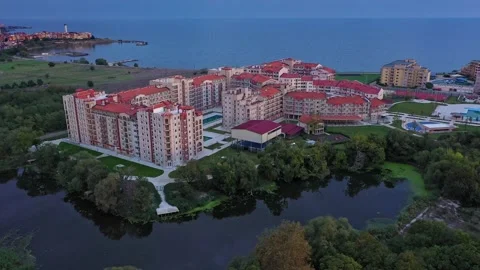 Aerial view to hotel complex on the Black Sea near a river 스톡 동영상 287986050