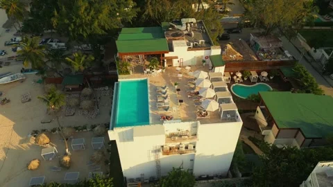 Aerial view of a hotel with a rooftop pool on the beach in Punta Cana Stock Footage 306403102