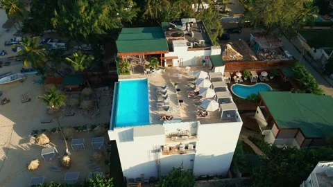 Aerial view of a hotel with a rooftop pool on the beach in Punta Cana Stock Footage 308334678