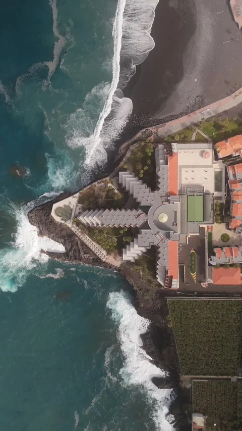 Aerial view of Hotel Sol La Palma by the coastline, Spain. Stock Footage 282767778
