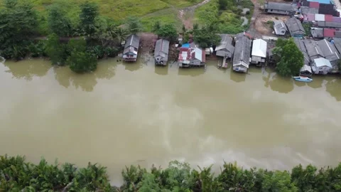 Aerial view of the house by the river Stock Footage 245427408