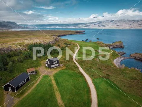 Aerial view of houses and cars on seashore, snaefellsnes, icelan Stock Photos