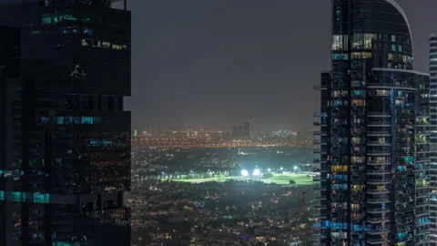 Aerial view of housing development promenade with JLT district skyscrapers and Video stock 201733023