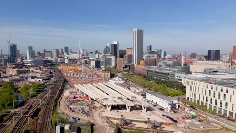 Aerial view of HS2 construction site on Curzon Street in Birmingham, UK Stock Footage 333529469
