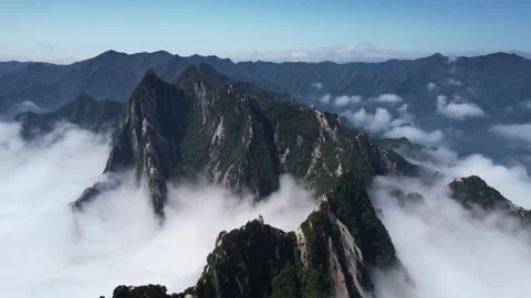 Aerial View of Huashan Cloud Sea Surging Mountain Peaks Panorama in Shaanxi Stock Footage 337937647