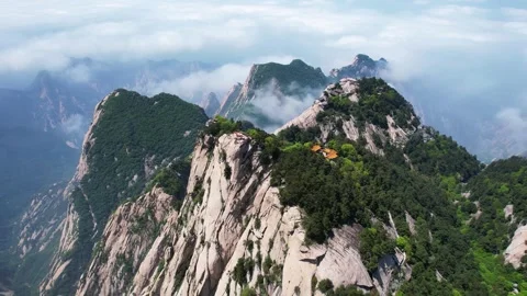 Aerial View of Huashan Mist Surrounded Peak Peculiar Peak in Shaanxi China Video stock 337937715
