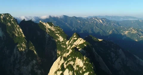 Aerial View of Huashan Multiple Opposite Peaks Cloud Sea Distant Mountain in Stock Footage 337937931