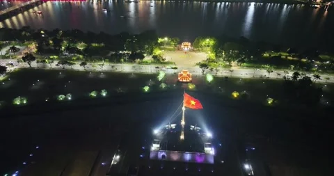 Aerial view of Hue City at night, Vietnam Stock Footage 296873953