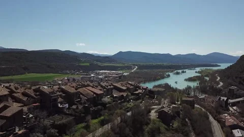 Aerial view of Huesca next to the river, in the middle of the mountains Stock Footage 304237912