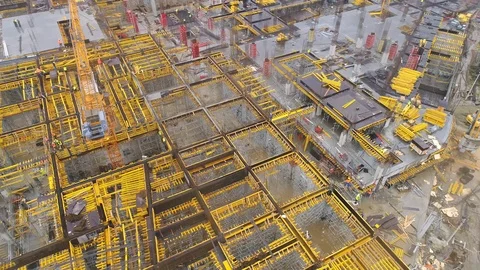 Aerial view on huge construction site with heavy equipment and workers. Stock Footage 88792225